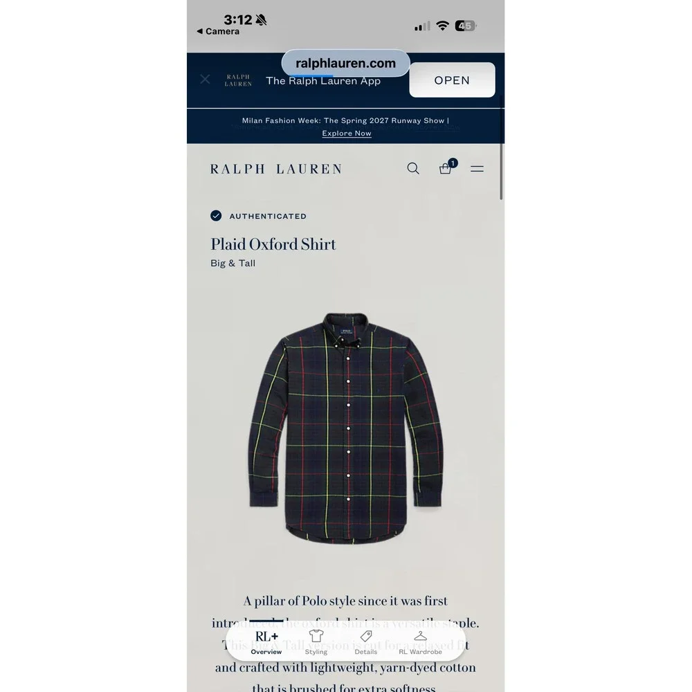 Polo Ralph Lauren Mens Size 2XLT‎ Oxford Shirt Plaid Multicolor Big & Tall